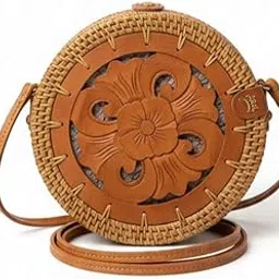mairo lifestyle Rattan Cane Straw Wicker Handmade Boho Summer Beach Round Sling bag (Wooden Design)-picture-39