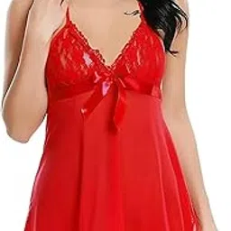 Satin Babydoll Nightwear with Lace Detail, V-Neck, Halter Style, Red-picture-33