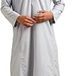 Men Pathani Kurta | Jubba Thobe for Men | Long Ethnic Wear Kurta with Mandarin Collar | Traditional Dress for Festival, Wedding & Eid | Comfortable Cotton Blend Fabric Light Grey-image-5
