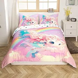 Erosebridal Cartoon Unicorn Rainbow Duvet Cover for Kids Galaxy Stars Sky Clouds Dreamy Night Comforter Cover for Horse Room Decor Fantasy-picture-14
