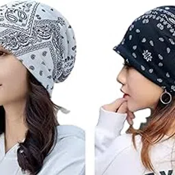 FUTURE TABS Baggy Slouchy Paisley Printed Bandanna for Men & Women - White & Black Combo | Aesthetic Unisex Headband | Breathable & Comfortable Cotton Bandana | Chunky Beanie Chemo Cap-picture-31