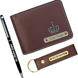 cybe Men's Personalized Faux Leather Wallet | Customized Name Wallet with Metal Keychain and Pen Combo Gift Set for Birthday and Anniversary | Slim Stylish Purse with Card Holder (Brown)-picture-12