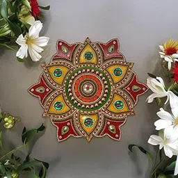 Acrylic Flower Shape Rangoli Pack (Red & Yellow) (23 Cm X 23 Cm)- Set of 13-picture-12