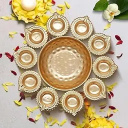 Golden Metal Urli Bowl for Diwali Decoration, Handcrafted Decorative Diya Bowl with 10 Diyas, Floating Flower Bowl for Home Decor Table Centerpiece, Diwali Gift, Housewarming Décor (10 in) image 1