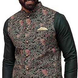 kisah Men Green Black Printed Nehru Jacket Ethnic Festive Waistcoat Cotton, Regular Fit-picture-29