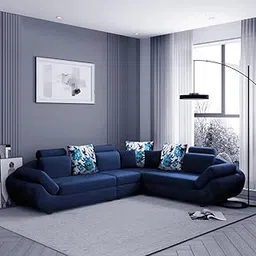 FURNY Elorana 6 Seater Fabric Corner Sectional L Shape Sofa Set (Blue)-picture-58