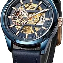 zambet Luxury Automatic Mechanical Watch, Gold-Tone Case, Brown Leather Strap, Skeleton Dial-picture-10