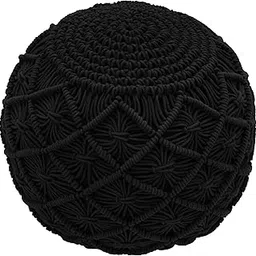COTTON CRAFT Macrame Braided Pouf - Ottoman Footrest Bean Bag - Knitted Cotton Cord Comfortable Round Dori Pouf - Prefilled Stuffed Boho Moroccan Accent Seating - Nursery Bedroom Dorm - 20x14 - Black-picture-11