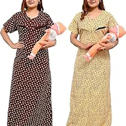 ankona Feeding Nighty Combo of 2 Pieces in Pure Cotton with 3 zips, First Zip on Neck for Comfortable Wearing & Other 2 zips on Front for Feeding Purpose Maternity Nighty Cotton Feeding Nighty Combo-picture-53