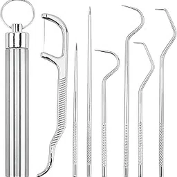 Snevad Stainless Steel Teeth Cleaning Dental Tools for Personal Oral Care 7Pcs Pocket Outdoor Picnics and Camping, Travel Portable Cleaning Toothpicks Pocket Set with Holder [10x1.5x1.5 CM]-picture-22
