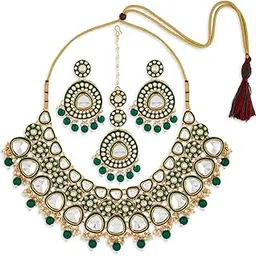 zaveri pearls Green Meenakari Dazzling Stones Beads Bridal Choker Necklace Earring & Maangtikka Set For Women-ZPFK18884-picture-40