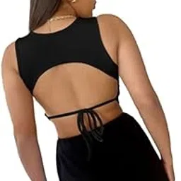 glare & blair Solid Women Tie Backless Western Stylish Sleeveless Ribbed Crop Top-picture-32