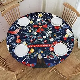 HSYOYO Christmas Print Round Tablecloth with Elastic Edge Fitted Table Cover Waterproof Table Cloth for Round Table Indoor Outdoor Tablecloths for Picnic Party Wedding-picture-57