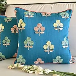 TARA- Sparkling Homes Silk Blend Tara Sparkling Homes Embroidered 250 TC Cushion Covers 18 X 18 Inches Floral Set Of 2 (Chinar- Blue)-image-13