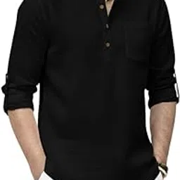 deelmo Men’s Cotton Blend Kurta Style Casual Shirt | Mandarin Collar Long Sleeve Roll-Up | Lightweight Breathable Summer Beachwear Top with Pocket for Daily-picture-16