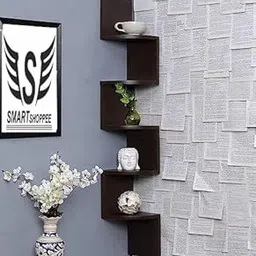 SMART SHOPPEE Wooden Wall Shelves | Corner Hanging Shelf for Living Room Stylish | Zig Zag Home Decor Floating Display Rack Storage Organizer Unique Design with Finish 5 Tiers (Brown)-image-51