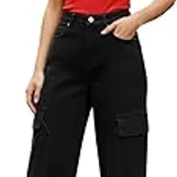 berrylush Women Solid High-Rise Pure Cotton Straight Fit Cargo Jeans | Dark Shade Denim with Pocket Detailing-picture-18