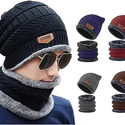 Woolen Hat & Cap | 1 Set Soft Cap and Neck Warmer Scarf Warm Snow and Air Proof for Men & Women | Velvet Neck Scarf Free Size for Daily Use (Multi-Color)-image-24