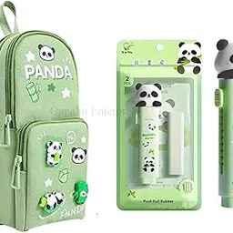 Onpalm Enterprise Kawaii Cute Stationery Set for Kids & Students: Green Pencil Case Pouch & Retractable Push-Pull Eraser Combo | Return Gift for Girls & Boys-image-0