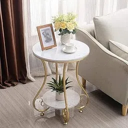 Zentra Enterprises Elegant 2-Tier Round End Table – Gold Wrought Iron Frame with White Marble-Look Top – Side, Coffee & Bedside Table for Living Room, Bedroom & Office (White & Golden)-image-27