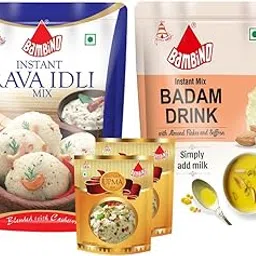 Bambino Instant Mixes Combo Pack of Rawa idli Each 500 Gms I Upma mix Each 180 Gms X 2 Packets I Badam Drink Mix 200 Gms image 1