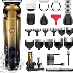 Hatteker Beard Trimmer Kit Professional Hair Clipper with Zero Gapped T-Blade Trimmer Electric Razor Shaver for Nose Ear Beard Body Trimmer for Men Waterproof Cordless Grooming Kit 6 in 1, Gold-picture-22