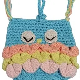 Handmade Crochet Owl Coin Purse, Multi-Colour Pattern with Blue Base by Stitched Stories by Anju-image-1