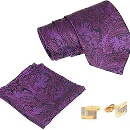 Men's Purple Paisley Tie, Pocket Square & Cuff links Set-image-67