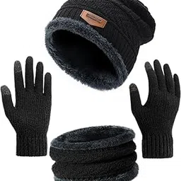 PAVILONN Winter Beanie Hat, Scarf and Gloves Set, Knitted Wool Blend with Fleece Lining, Black-picture-24