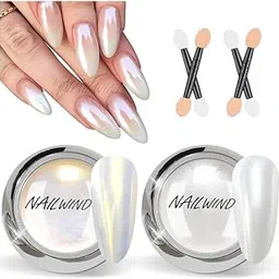 Rubyface White Pearl Chrome Nail Powder - 2 Pcs Mirror Effect Aurora Magic Pearlescent Nail Jewelry Mirror Glitter Nail Chrome Powders Holographic Pigment, Mermaid Pearl Aurora Dust Nail Powder (White Pearl + chrome White, 2 PCS)-image-59