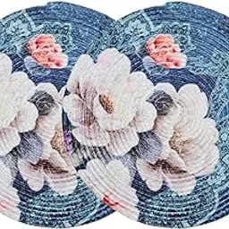Rough Road Store Dining Table Mats Set of 2 | Cotton Round Placemat - 35 cm Diameter | Beige | Handmade | 3D Printed Floral Design-picture-27