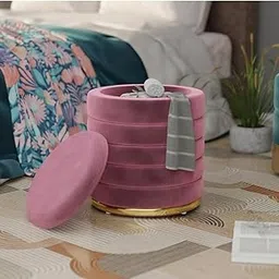 Wooden Ottoman Pouffe Stool with Storage and Sitting Living Room Furniture for Home Decor Multipurpose Footrest for Seating Ottoman Dressing Table Stool Pouf Drum for Storage (Pink)-image-62