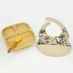 StarKiddo®️ ‘Slate’ Bamboo Suction Plates for Baby and Toddler | Weaning Spoon and Cute Adjustable Printed Bib -Baby-Led Weaning Supplies for Toddler Self-Feeding [Yellow, Beige]-picture-40