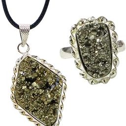 Combo of Pyrite Pendant and Pyrite Adjustable Size Ring - Certified Gemstone jewellery Set - Original Natural Pyrite Cluster Rock Reiki Crystal Locket for Increased Will power and Manifestation-image-2
