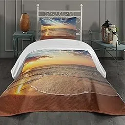 Ambesonne Ocean Coverlet, Cloudscape Over The Sea Honeymoon Travel Destination Sunrise Panoramic Shot, 2 Piece Decorative Quilted Bedspread Set with 1 Pillow Sham, Twin Size, Blue Yellow Brown-picture-22
