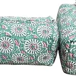 Jaipur Textiles, Hand Block Printed Cotton wash Bags, Toiletry Bags, Cosmetic Pouches, Makeup Kit, Travel Pouches, Vanity Bags| Qty - Set of 2PCS, (Circle Green) image 1
