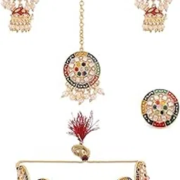 zaveri pearls Multicolor Meenakari Flower Design Choker Necklace Earring Maangtikka & Ring Set For Women-ZPFK13825-picture-12