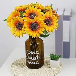 SATYAM KRAFT 1 Pcs Artificial Sunflowers Stick Bunch | Realistic Look & Charming Flowers | 6 Heads Bouquet for Home Decor, Bedroom, Balcony, Wedding (Without Vase Pot) (Yellow)-image-44