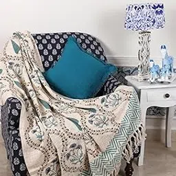 Blue Floral Printed Cotton Throw Blanket, 130x180 cm Handcrafted Soft & Breathable Pure Cotton Muslin Fabric with Tassels for Sofa, Couch, Bed, Chair & Home Decor image 1