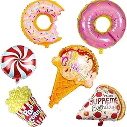 FI - FLICK IN Aluminium 6 pcs Food Theme Birthday Decorations Pizza Candy Burger & Donut Balloons for Birthday Donut Birthday Decorations Items (Pack of 6, Multicolor)-picture-21