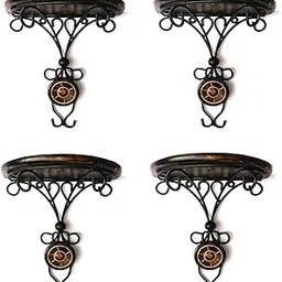 ANB ENTERPRISES Wooden Wrought Iron Wall Brackets Shelves Set of 4 Shelf Wall Hanging, Mounted, Floating Wall Decorative Antique Wooden Wall Shelf Colour :- Brown, Black-image-0