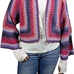 Handcrafted Crochet Cardigan, Multi-Colour Stripe Pattern in Pink and Purple, Open Front Style-image-66