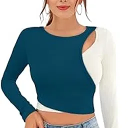 Colorblock Blue and White Green Keyhole Design Party Fullsleeve Crop Tops for Women and Girls-picture-41
