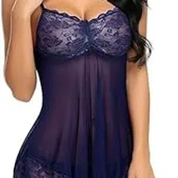 chill pookie Women’s Sheer Lace Lingerie Nightwear with Spaghetti Straps and Matching Panty – Sexy Transparent Babydoll Dress for Honeymoon, Bedroom, Romantic Nights, and Special Occasions (Women, Navy blue, l)-picture-33