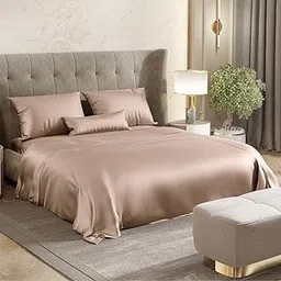 Haus & Kinder Premium Satin Royale Golden Sand Bedsheets, Double King Flat Bedsheet with 2 Pillow Cover Set, 300TC for Summers/Winter, Gift for Couples, Romantic Dates, Wedding-image-8
