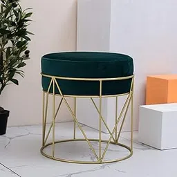 Woodilla Round Contemporary Metal Ottoman Stool for Living Room Ottoman Footrest Stool with Gold Metal Base Pouffes for Sitting for Living Room,Farmhouse Seat Sturdy Stools (Gold & Rich Green)-picture-13