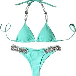 Women Rhinestone Swimsuit Bra Thong Bikini Set Bathing Suit Swimwear Green M-image-71