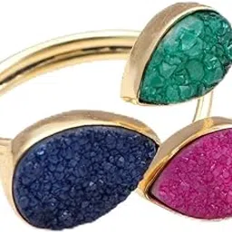 Triple Stone Gemstone Adjustable Ring | Gold Plated Natural Agate Druzy Handmade Pear Shape Rings Jewelry 1308 8-image-12