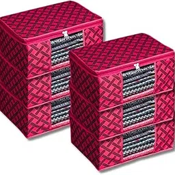 Fabric Storage Box with Lid, Pink Weave Pattern, Set of 2, Multi-Compartment Organiser for Clothes-picture-14