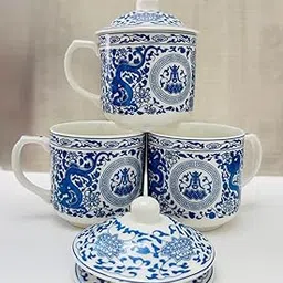 Uniqraft Chinese | Tibetan Style | Oriental Designer | Ornate Ceramic Mug With Lid, Blue And White Pattern, 10.5 Cm Height | Medium | Blue Dragon | Set of 3 (Small, Dragon) ,220 Ml-picture-10